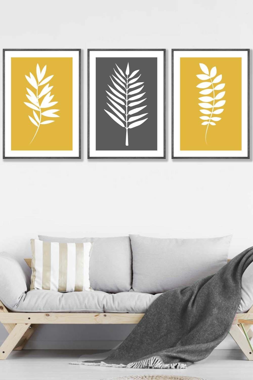Yellow Grey Graphical Leaves Framed Wall Art - Large